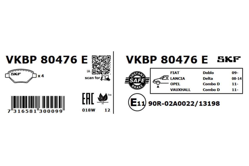 Jeu de 4 plaquettes de frein SKF ref. VKBP 80476 E